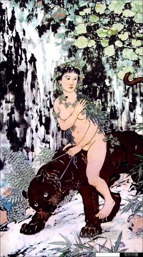 Xu Beihong nude on lion traditional China Oil Paintings